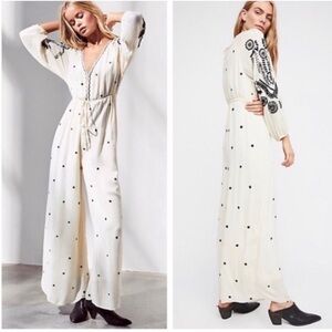 Free People Ivory Embroidered V neck Jumpsuit Wide leg black flowers size XS